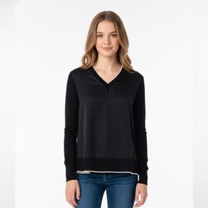 RAG & BONE BLACK & WHITE SILK V-NECK LONG SLEEVE BLOUSE MINIMAL QUIET LUXURY EUC